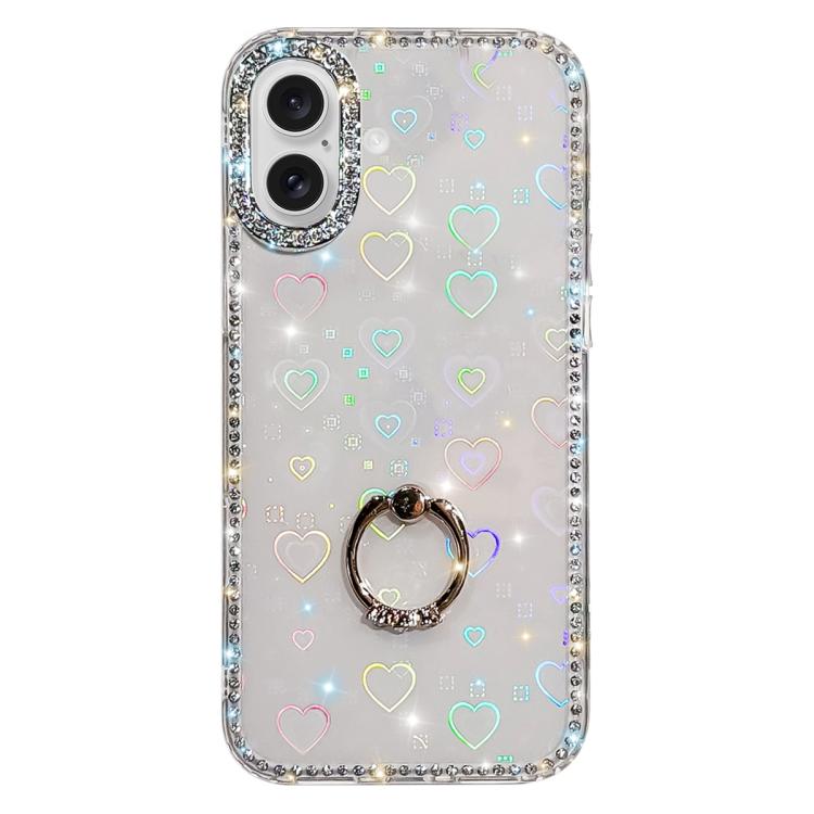 For iPhone 17 Rhinestone Ring Holder Dual-side IMD PC Hybrid TPU Phone Case(Heart Transparent)