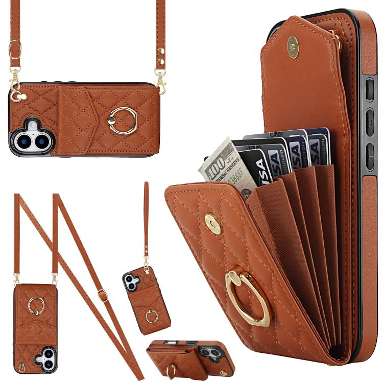 For iPhone 17 Rhombic Texture Card Bag Phone Case with Long Lanyard(Brown)