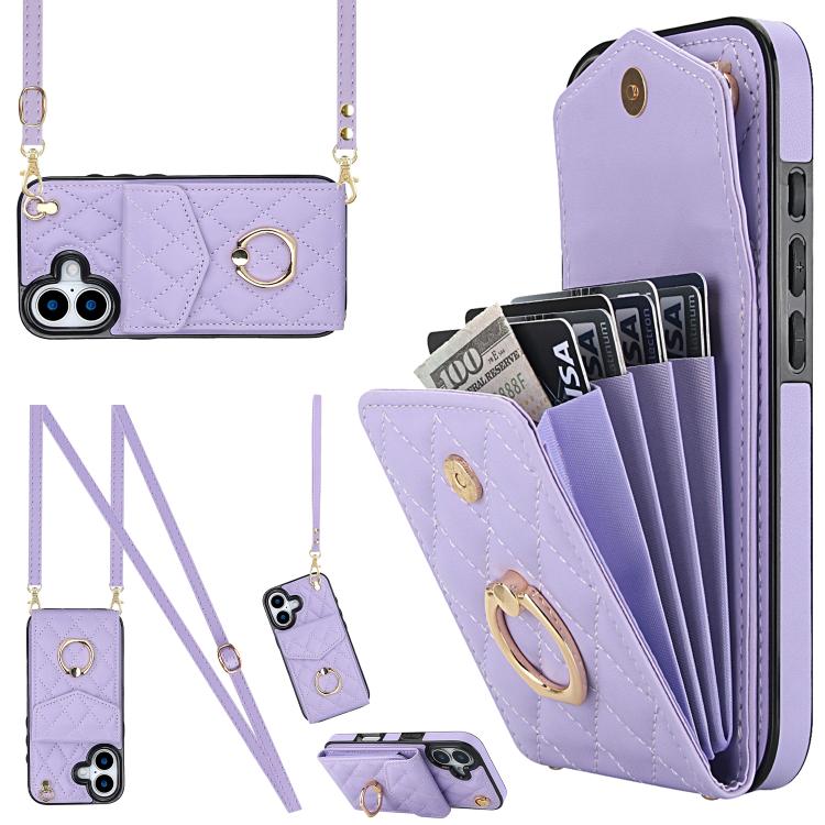For iPhone 17 Rhombic Texture Card Bag Phone Case with Long Lanyard(Light Purple)
