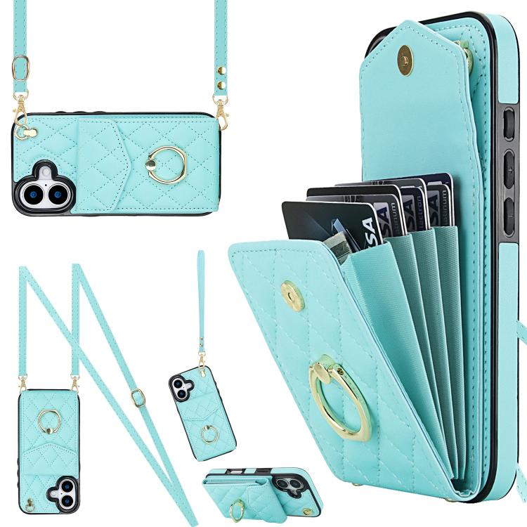 For iPhone 17 Rhombic Texture Card Bag Phone Case with Long Lanyard(Mint Green)