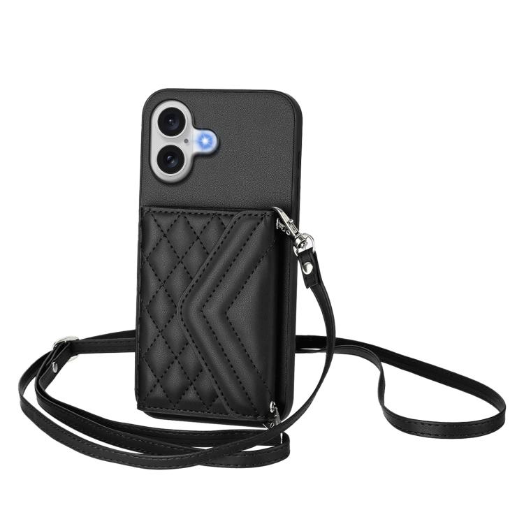For iPhone 17 Rhombic Texture Card Bag RFID Phone Case with Long Lanyard(Black)
