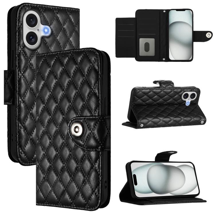 For iPhone 17 Rhombic Texture Flip Leather Phone Case with Lanyard(Black)
