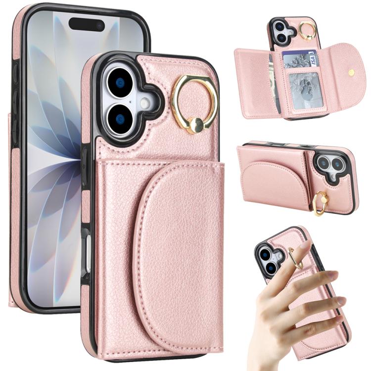 For iPhone 17 Ring Holder Card Bag Skin Feel Phone Case(Rose Gold)