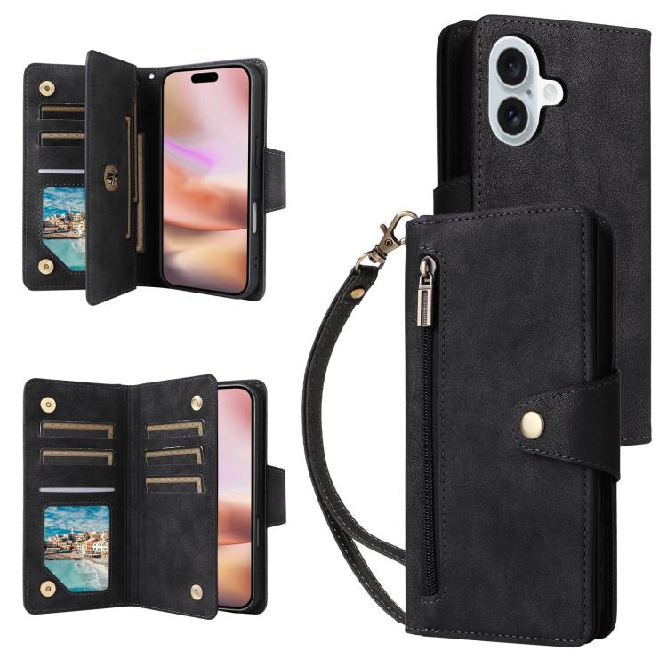 For iPhone 17 Rivet Buckle 9 Cards Three Fold Leather Phone Case(Black)