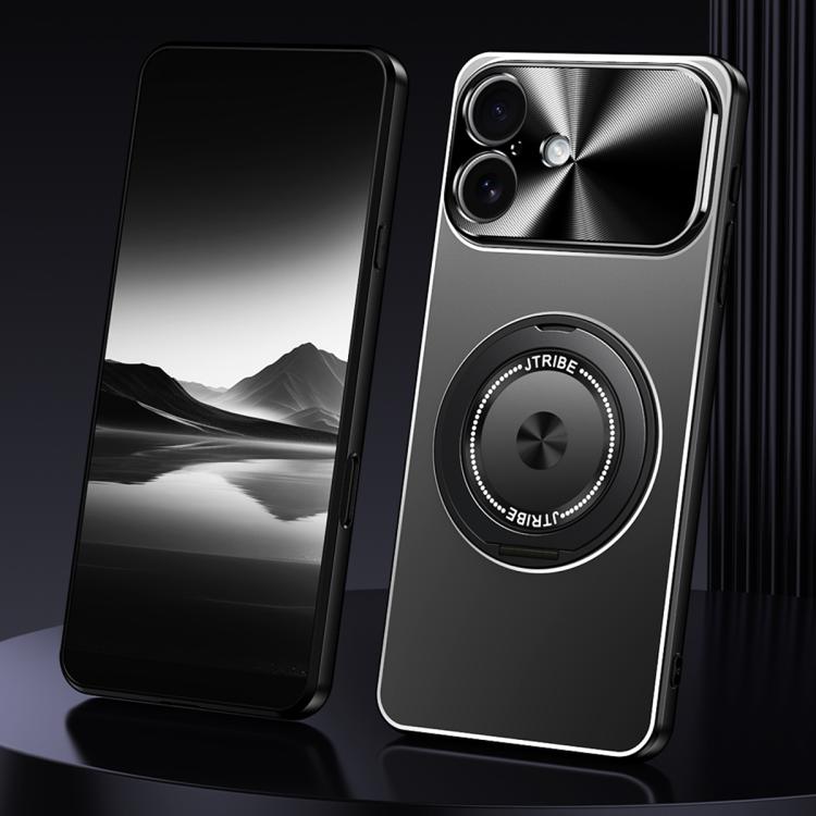 For iPhone 17 Rotating Holder Frosted Metal Phone Case(Black)