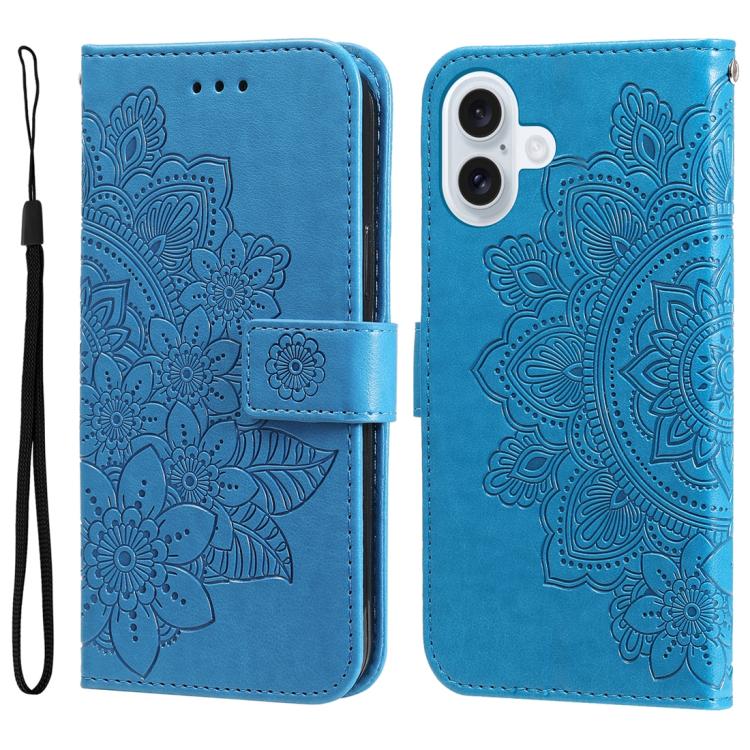 For iPhone 17 Seven-petal Flowers Embossing Leather Phone Case(Blue)