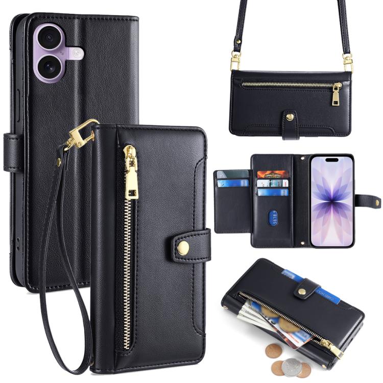 For iPhone 17 Sheep Texture Cross-body Zipper Wallet Leather Phone Case(Black)