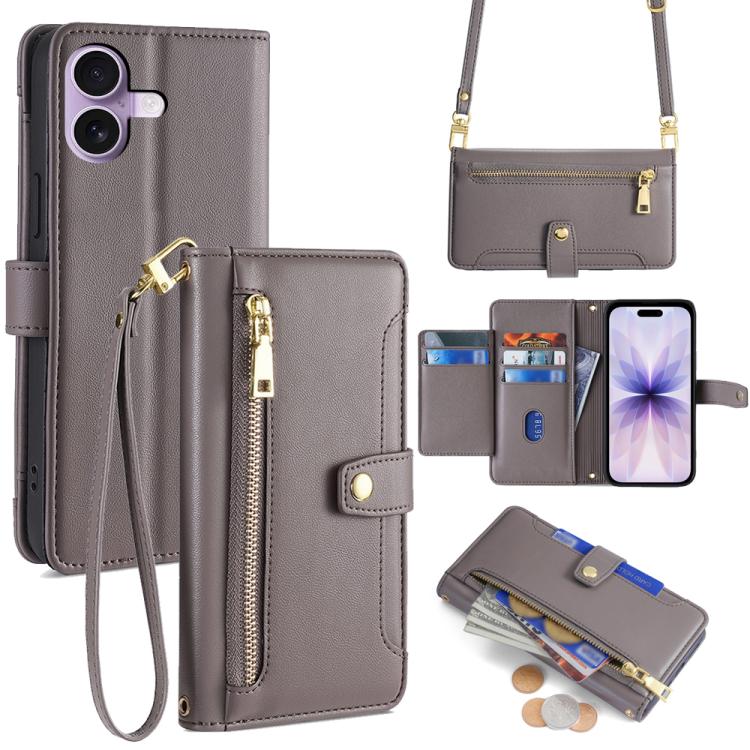 For iPhone 17 Sheep Texture Cross-body Zipper Wallet Leather Phone Case(Grey)