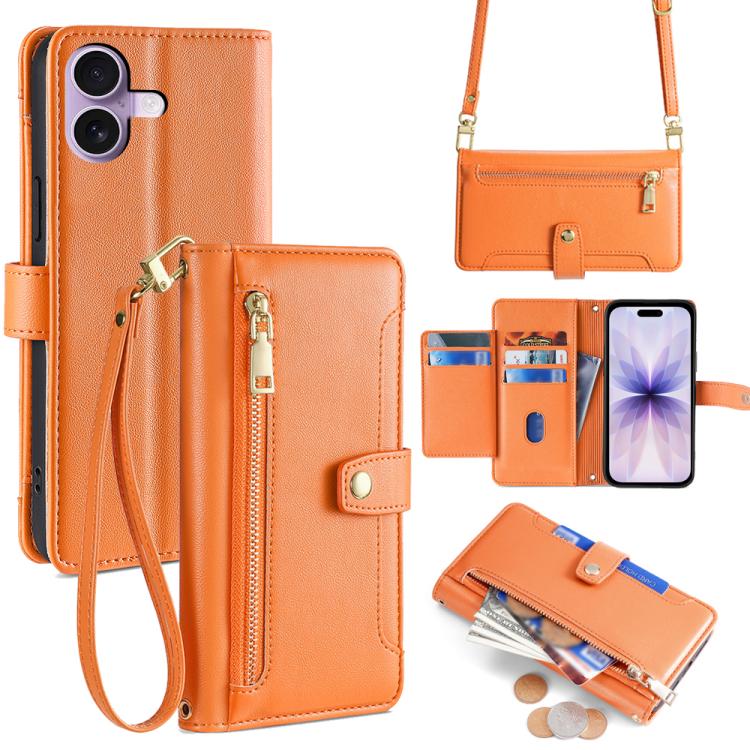 For iPhone 17 Sheep Texture Cross-body Zipper Wallet Leather Phone Case(Orange)
