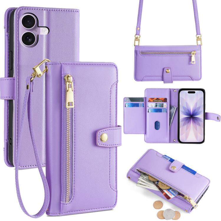 For iPhone 17 Sheep Texture Cross-body Zipper Wallet Leather Phone Case(Purple)