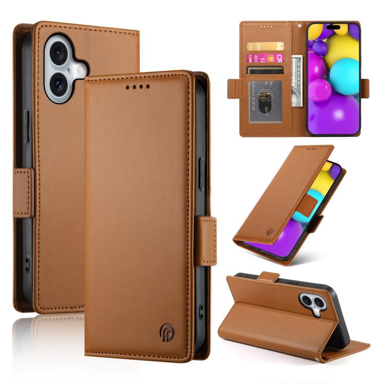For iPhone 17 Side Buckle Magnetic Frosted Leather Phone Case(Brown)