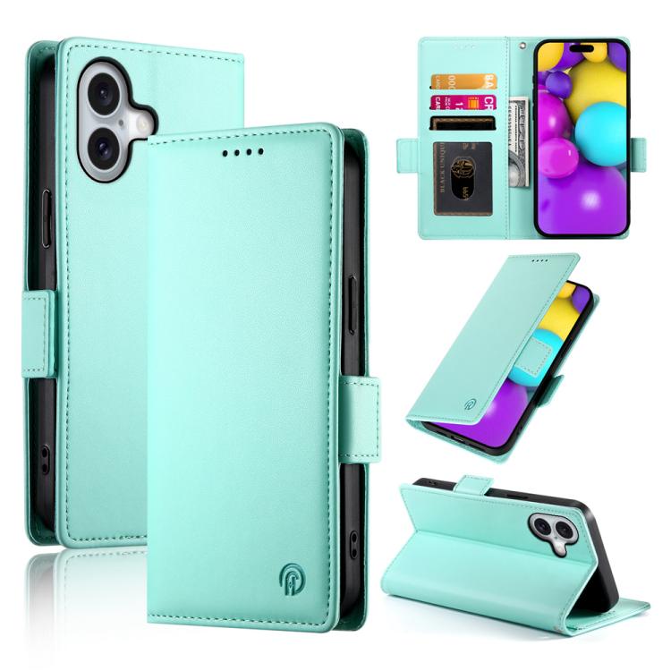 For iPhone 17 Side Buckle Magnetic Frosted Leather Phone Case(Mint Green)