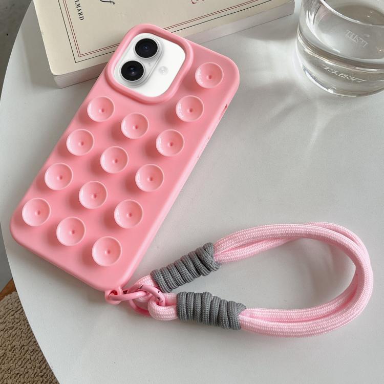 For iPhone 17 Simple Suction Cup Silicone Phone Case with Lanyard(Pink)