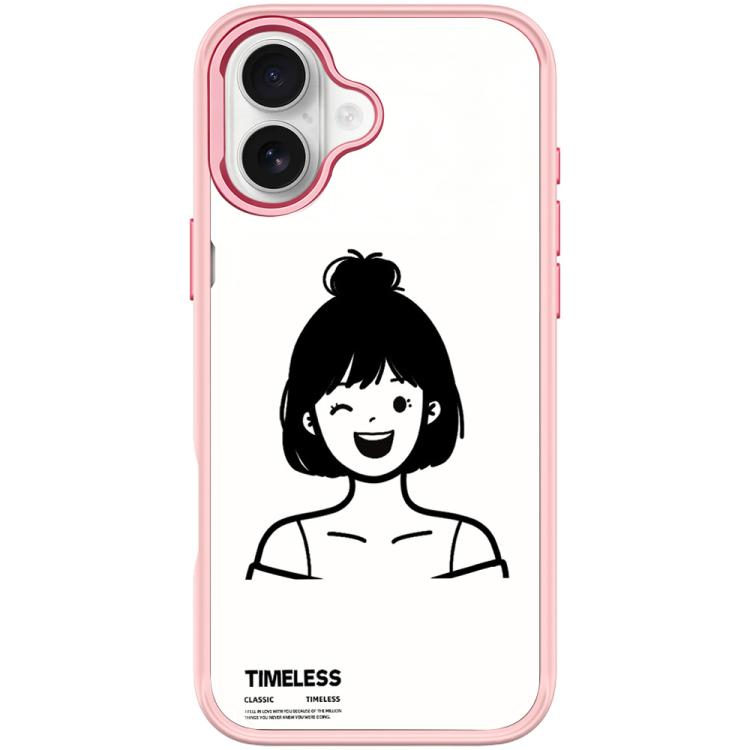 For iPhone 17 Sketch Style Short Hair Girl Pattern Magnetic Phone Case(Pink)