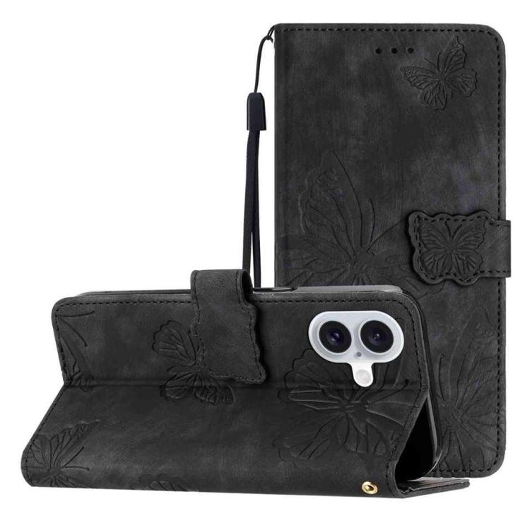 For iPhone 17 Skin-feel Embossed Butterfly Leather Phone Case(Black)