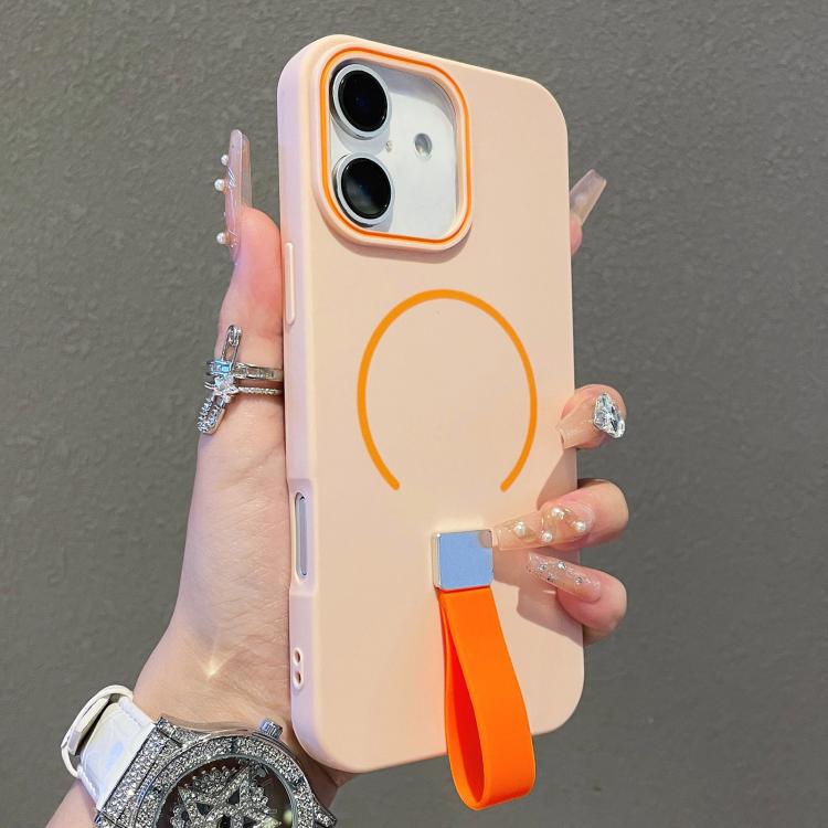 For iPhone 17 Skin-feel Magnetic TPU Phone Case with Silicone Strap(Pink)
