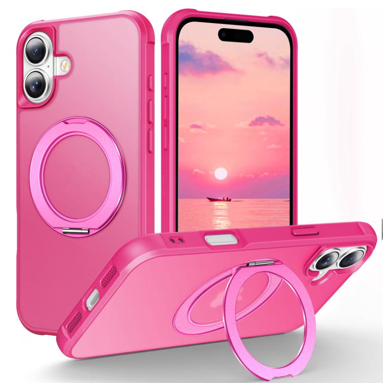 For iPhone 17 Skin-Feel Rotary Damping Bracket MagSafe Phone Case(Rose Red)