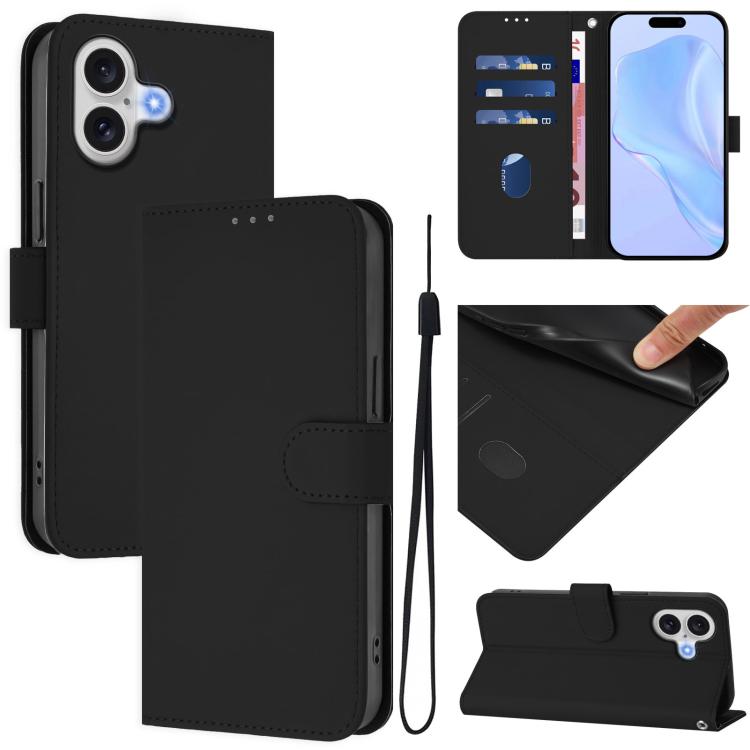 For iPhone 17 Skin Feel Solid Color Leather Phone Case with Lanyard(Black)