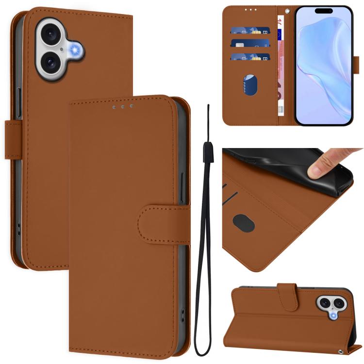 For iPhone 17 Skin Feel Solid Color Leather Phone Case with Lanyard(Brown)