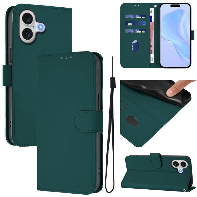 For iPhone 17 Skin Feel Solid Color Leather Phone Case with Lanyard(Dark Green)