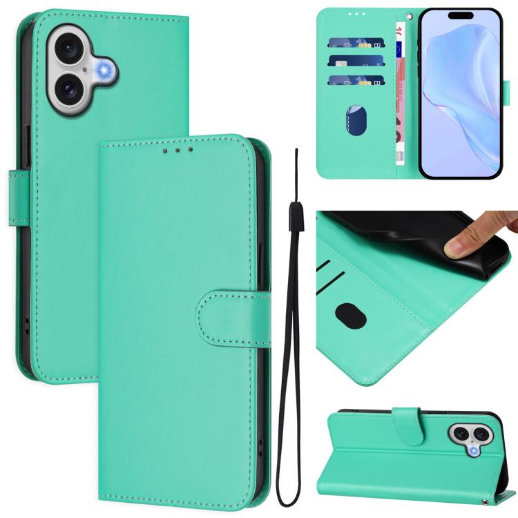 For iPhone 17 Skin Feel Solid Color Leather Phone Case with Lanyard(Green)