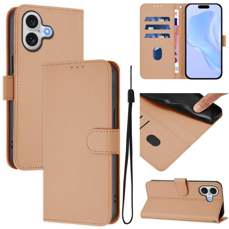 For iPhone 17 Skin Feel Solid Color Leather Phone Case with Lanyard(Nude)