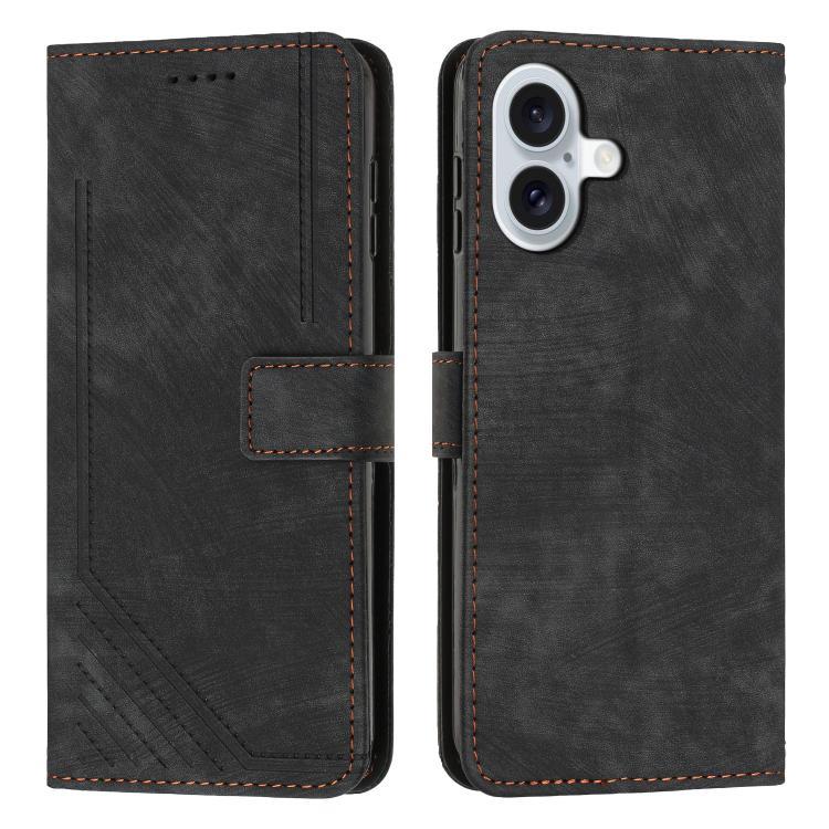 For iPhone 17 Skin Feel Stripe Pattern Leather Phone Case with Lanyard(Black)