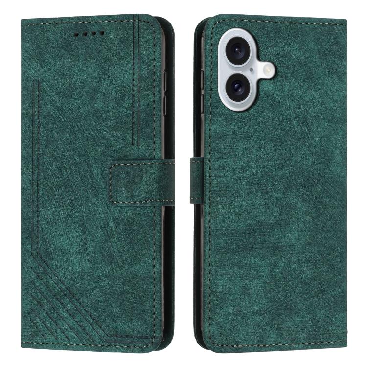 For iPhone 17 Skin Feel Stripe Pattern Leather Phone Case with Lanyard(Green)