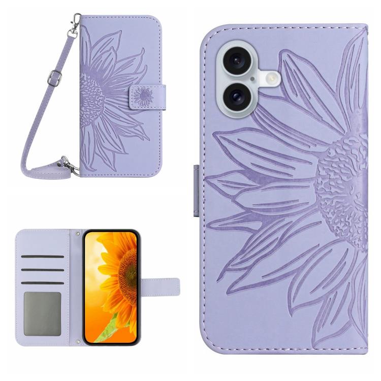 For iPhone 17 Skin Feel Sun Flower Embossed Flip Leather Phone Case with Lanyard(Purple)