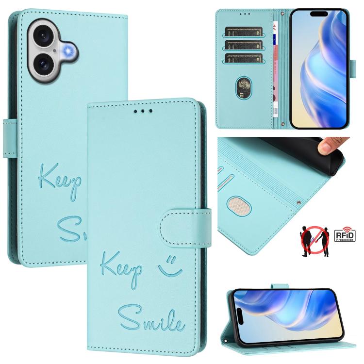 For iPhone 17 Smile Embossing RFID Leather Phone Case(Mint Green)