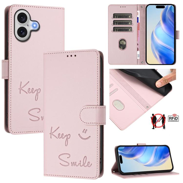 For iPhone 17 Smile Embossing RFID Leather Phone Case(Pink)