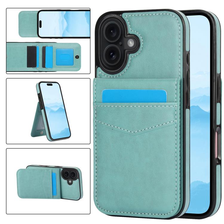 For iPhone 17 Solid Color Card Slots Bracket PU Phone Case(Mint Green)