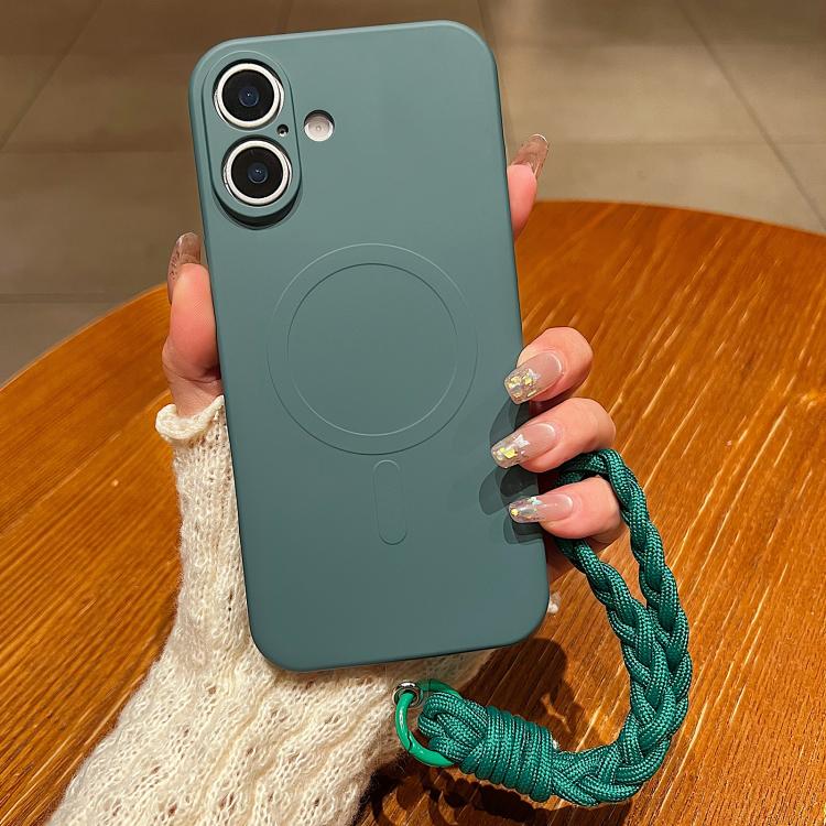 For iPhone 17 Solid Color Liquid Silicone Magnetic Phone Case with Lanyard(Dark Green)