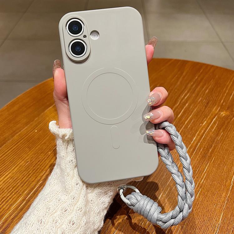 For iPhone 17 Solid Color Liquid Silicone Magnetic Phone Case with Lanyard(Grey)