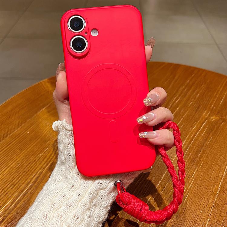 For iPhone 17 Solid Color Liquid Silicone Magnetic Phone Case with Lanyard(Red)
