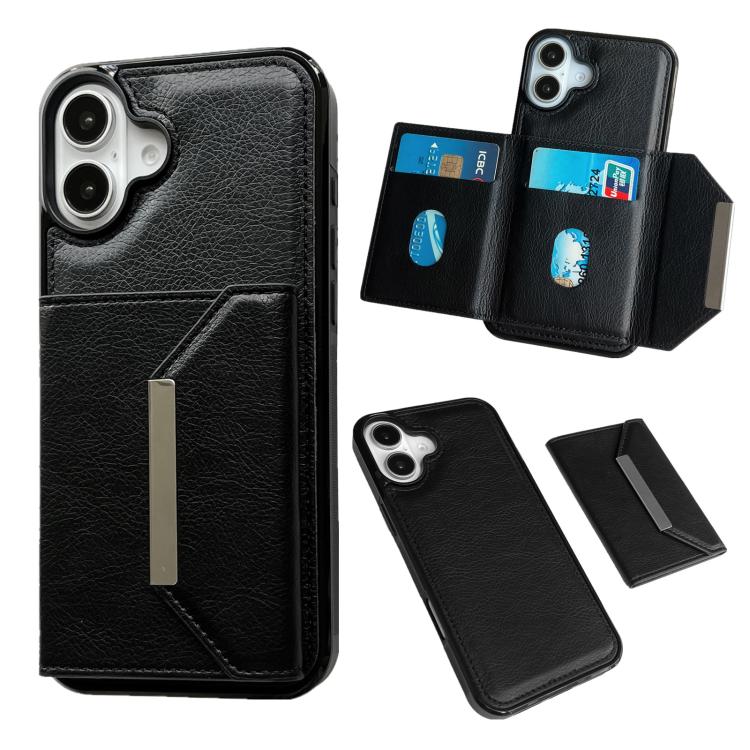 For iPhone 17 Solid Color Metal Buckle Card Slots Bag Phone Case(Black)