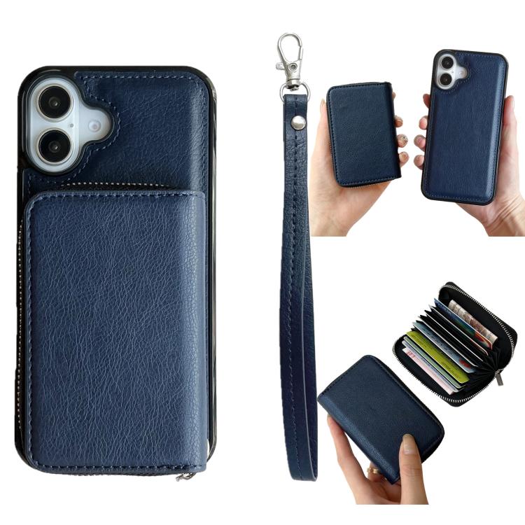 For iPhone 17 Solid Color Zipper 11-Card Slots Bag Phone Case with Lanyard(Blue)