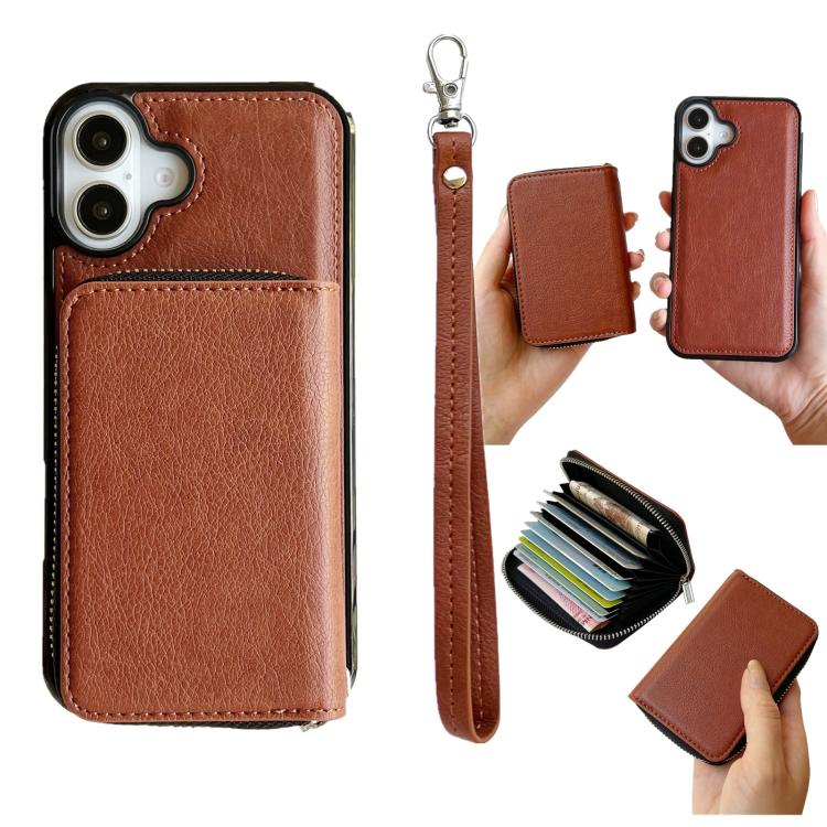 For iPhone 17 Solid Color Zipper 11-Card Slots Bag Phone Case with Lanyard(Brown)