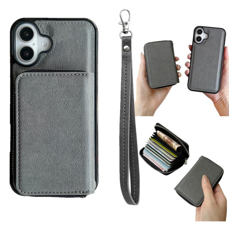For iPhone 17 Solid Color Zipper 11-Card Slots Bag Phone Case with Lanyard(Grey)