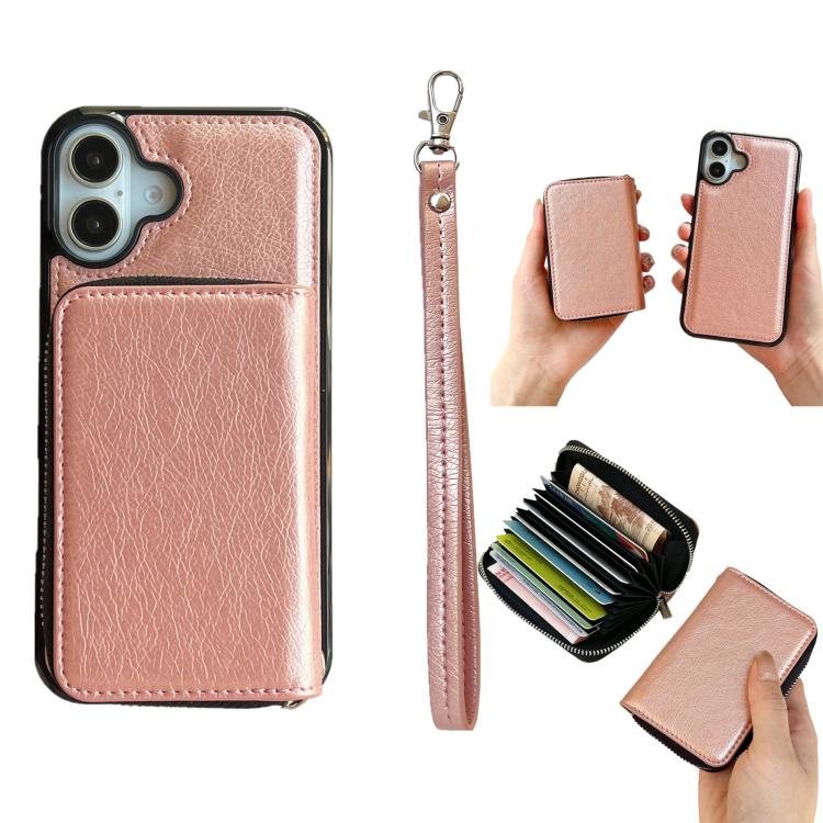 For iPhone 17 Solid Color Zipper 11-Card Slots Bag Phone Case with Lanyard(Rose Gold)
