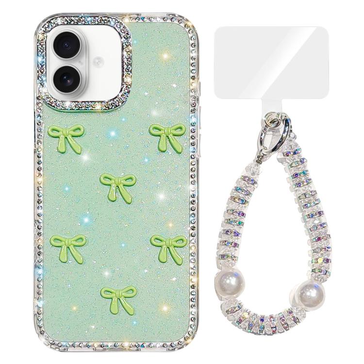 For iPhone 17 Sparkling IMD Colorful Bow Phone Case with Bracelet(Glitter Light Green)