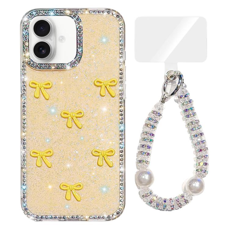 For iPhone 17 Sparkling IMD Colorful Bow Phone Case with Bracelet(Glitter Light Yellow)