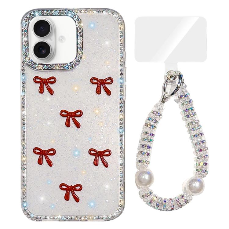 For iPhone 17 Sparkling IMD Colorful Bow Phone Case with Bracelet(Glitter White)