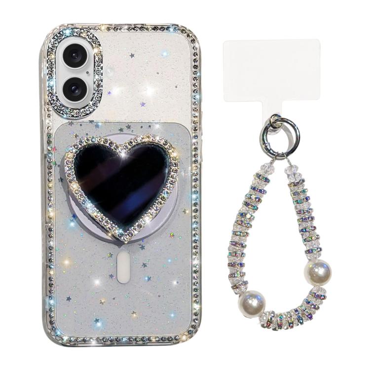 For iPhone 17 Sparkling IMD Heart-Shaped Mirror Magnetic Phone Case with Bracelet(Glitter Star)