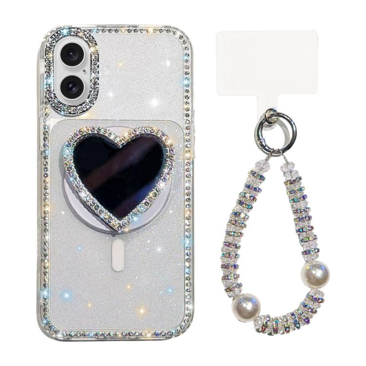 For iPhone 17 Sparkling IMD Heart-Shaped Mirror Magnetic Phone Case with Bracelet(Glitter Transparent)