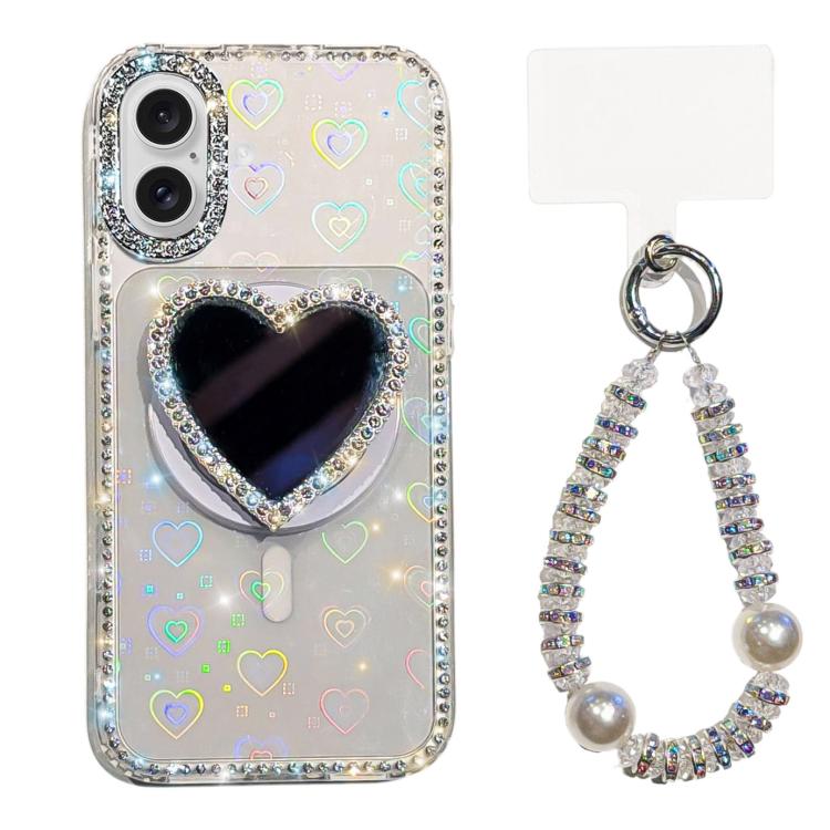 For iPhone 17 Sparkling IMD Heart-Shaped Mirror Magnetic Phone Case with Bracelet(Love Transparent)