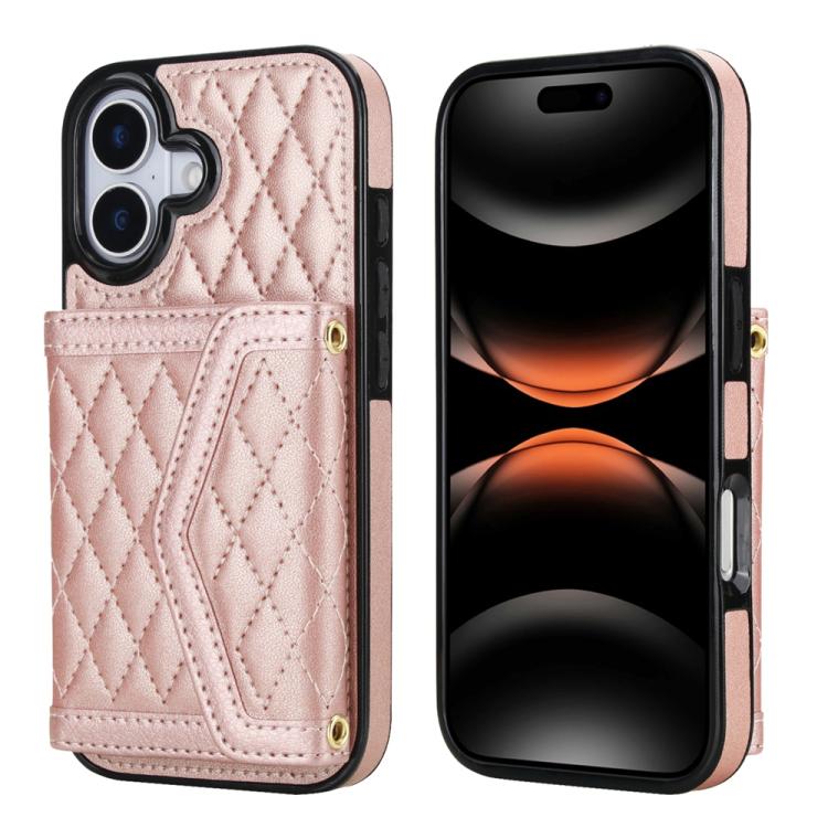 For iPhone 17 Splicing Rhombic Texture Card Bag Phone Case with Long Lanyard(Rose Gold)