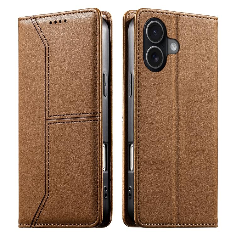 For iPhone 17 Stitched Line Magnetic RFID Vegan Leather Phone Case(Brown)