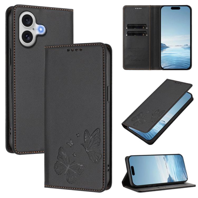 For iPhone 17 Strong Magnetic Dual Butterfly RFID Vegan Leather Phone Case(Black)