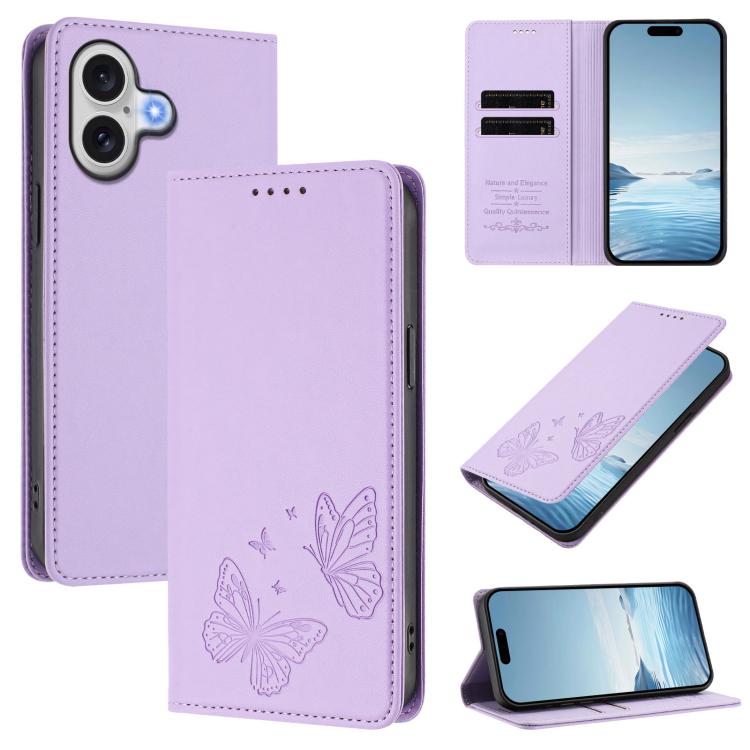 For iPhone 17 Strong Magnetic Dual Butterfly RFID Vegan Leather Phone Case(Light Purple)